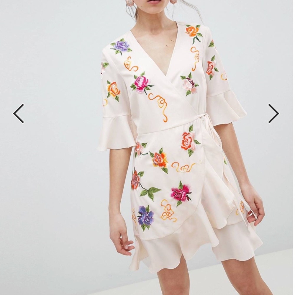 Embroidered Wrap Mini Dress